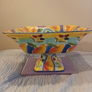 1179) Clay Art "Fiore" hand painted stone lite fruit bowl/ serving bowl